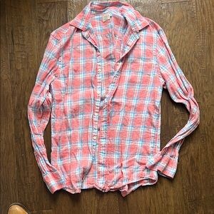 Faherty Coral and Sky Plaid Button-Down Linen Shirt